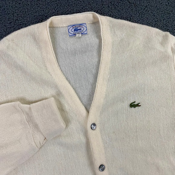Vintage Izod Lacoste Cardigan Mens Medium Knit Cream Tennis Golf Logo